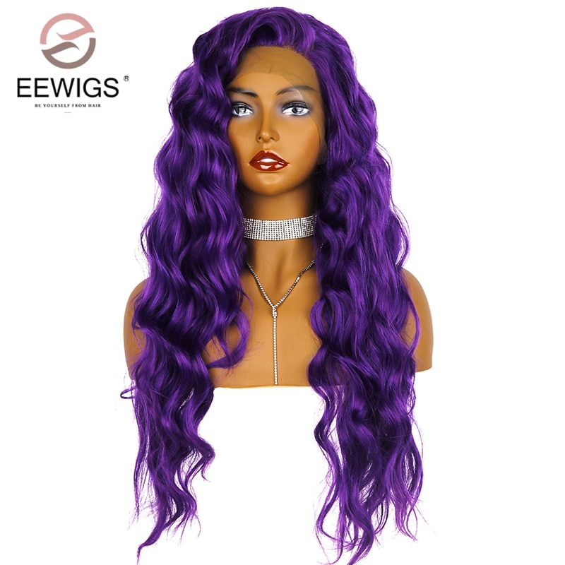 EEWIGS Glueless Dark Purple Long Wavy Synthetic Lace Front Wig With Natural Hairline 13x4 Heat Resistant Wigs For Black Women