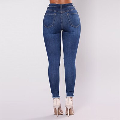 Women Elastic Jeans Torn Pants Ripped Denim Broken Pants Slim Denim Boyfriend Jeans for Women with Pocket Button: XXL