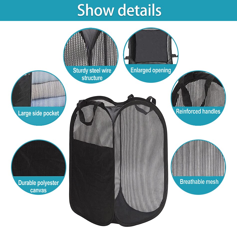 Large Pop-Up Laundry Hamper Collapsible Laundry Baskets With Durable Handles/Side Pocket for Dorm Bedroom Bathroom Laundry Room