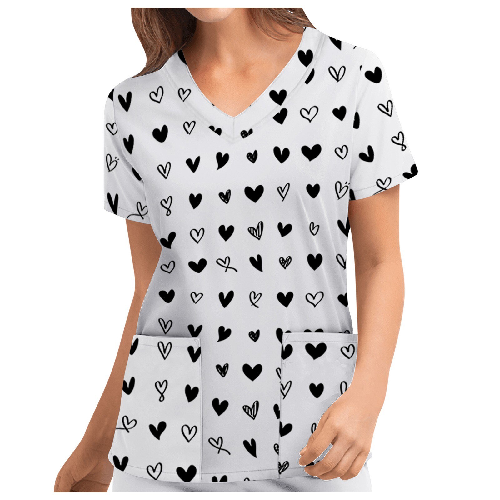 Rouge coeur motif t-shirts femmes mignon saint valentin amour poche col en v manches courtes haut ample Blusas Mujer Manga Corta