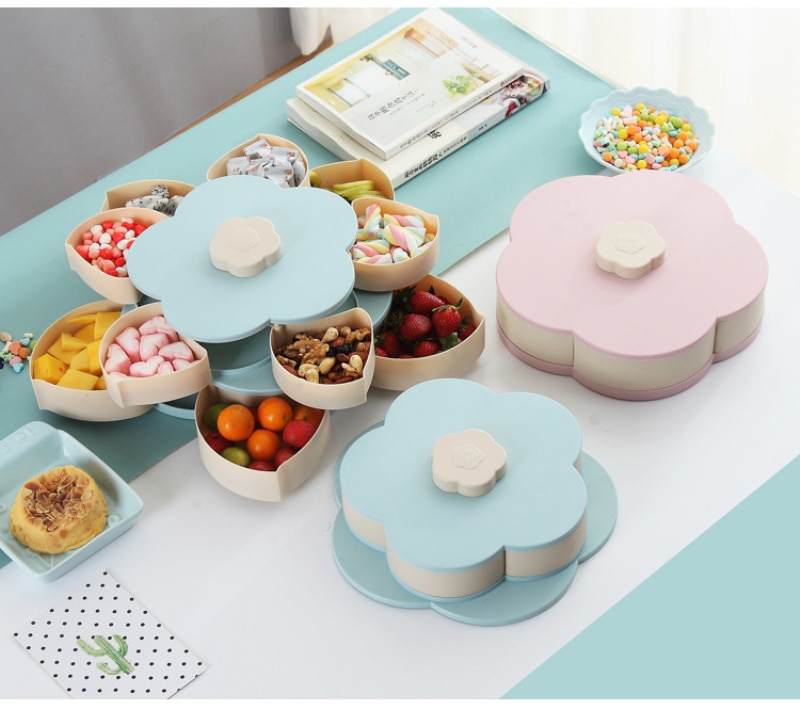 Petal-Shape Rotating Snack Box Candy Drawer Food Storage Box Wedding Candy Plates Double-deck Dried Fruit Folding Snack Bowl