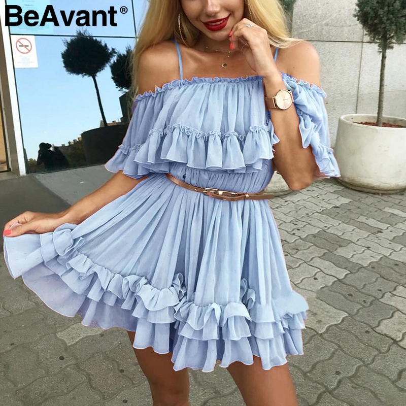 Beavant off shoulder rem chiffon sommerkjoler kvinder flæser plisseret kort kjole pink løs strand minikjole: Blå / S