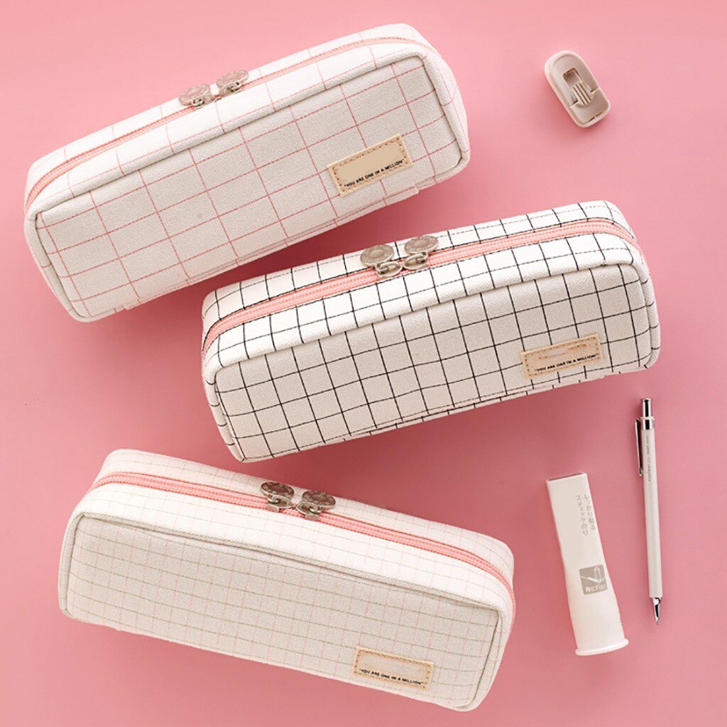 Pink lattice Large Capacity Pencil Cases Bags Fabric Pen Box Pouch Case For Middle High School Office College with 3 compartment