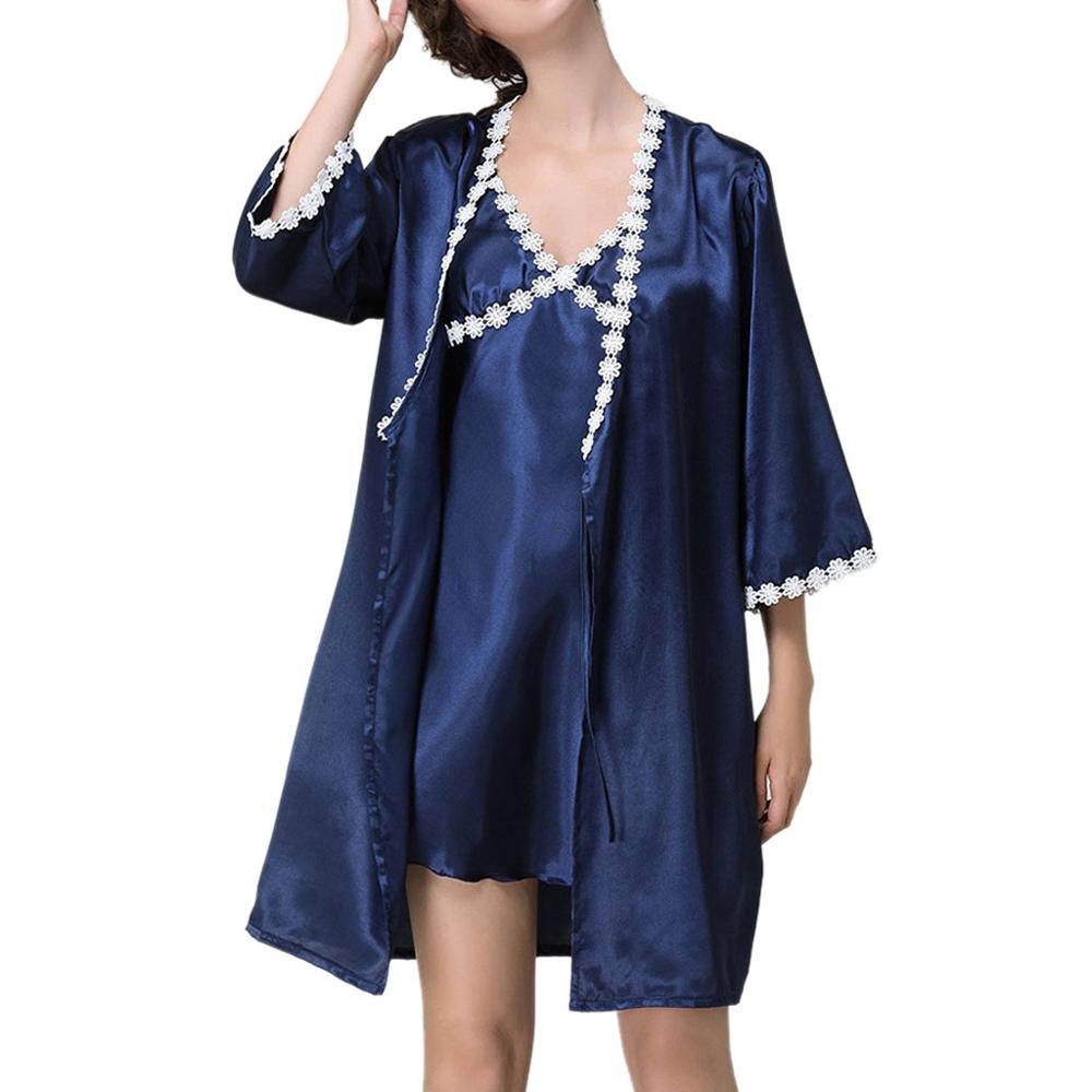 2 Pcs Vrouwen Sexy Satijnen Nachtkleding Babydoll Lingerie Nachthemd Pyjama Set Bruid Gewaden Kimono Robe Satijn Zijde Nacht Nachtkleding