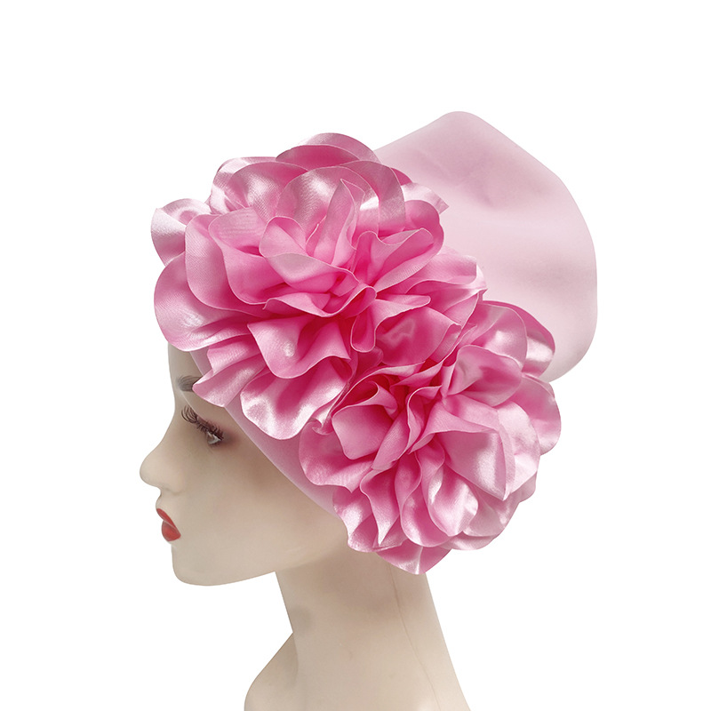 Women&#39;s Already Made Headties Damsak Aso Oke Auto Gele Turban African Hat with Flower Moslin Robe Hijab Cap Muslim Inner: Pink