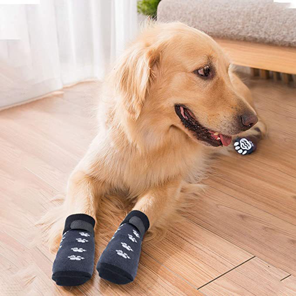 Chaussettes antidérapantes pour chien, 4 pièces, protection des pattes, contrôle de Traction, vêtements d'intérieur réglables, chaussettes tricotées pour animaux de compagnie avec renfort en caoutchouc