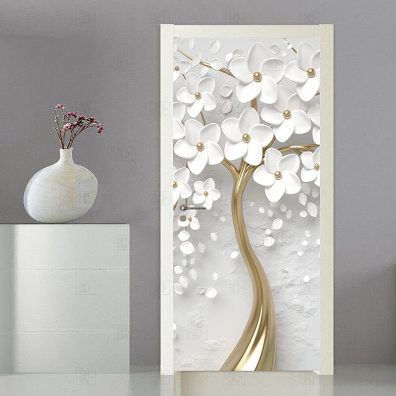 Zelfklevende Deur Sticker 3D Stereo Witte Bloemen Muurschildering Behang Woonkamer Slaapkamer Home Decor Deur Poster Waterdicht Sticker