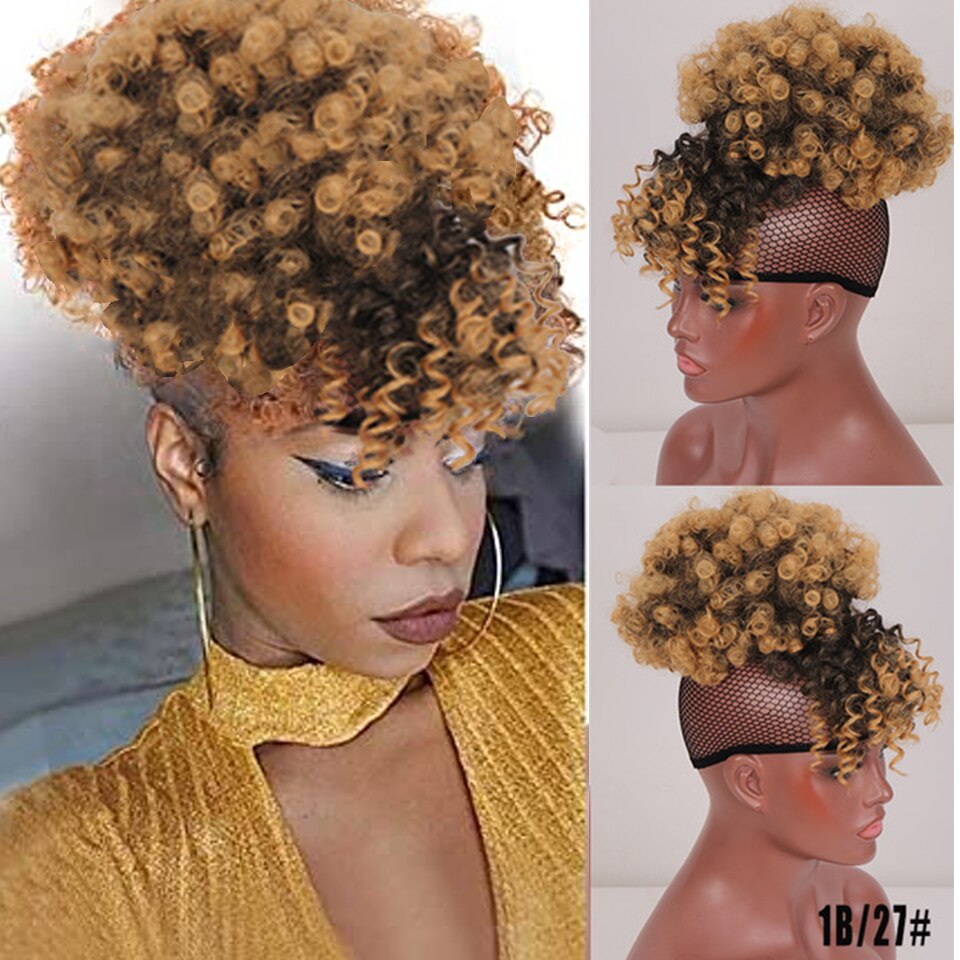 LUPU Synthetic Hair Bun High Puff Afro Kinky Curly Chignon Clip In Hair Extension Drawstring Ponytail With Bangs Heat Resistant: 1BT27