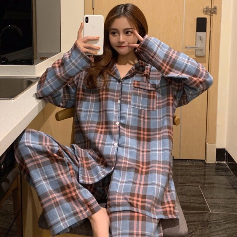 Xifer forår og efterår koreansk version af det børstede gitter komfortabel par pyjamas langærmede bukser home wear sæt: B ms / Xl
