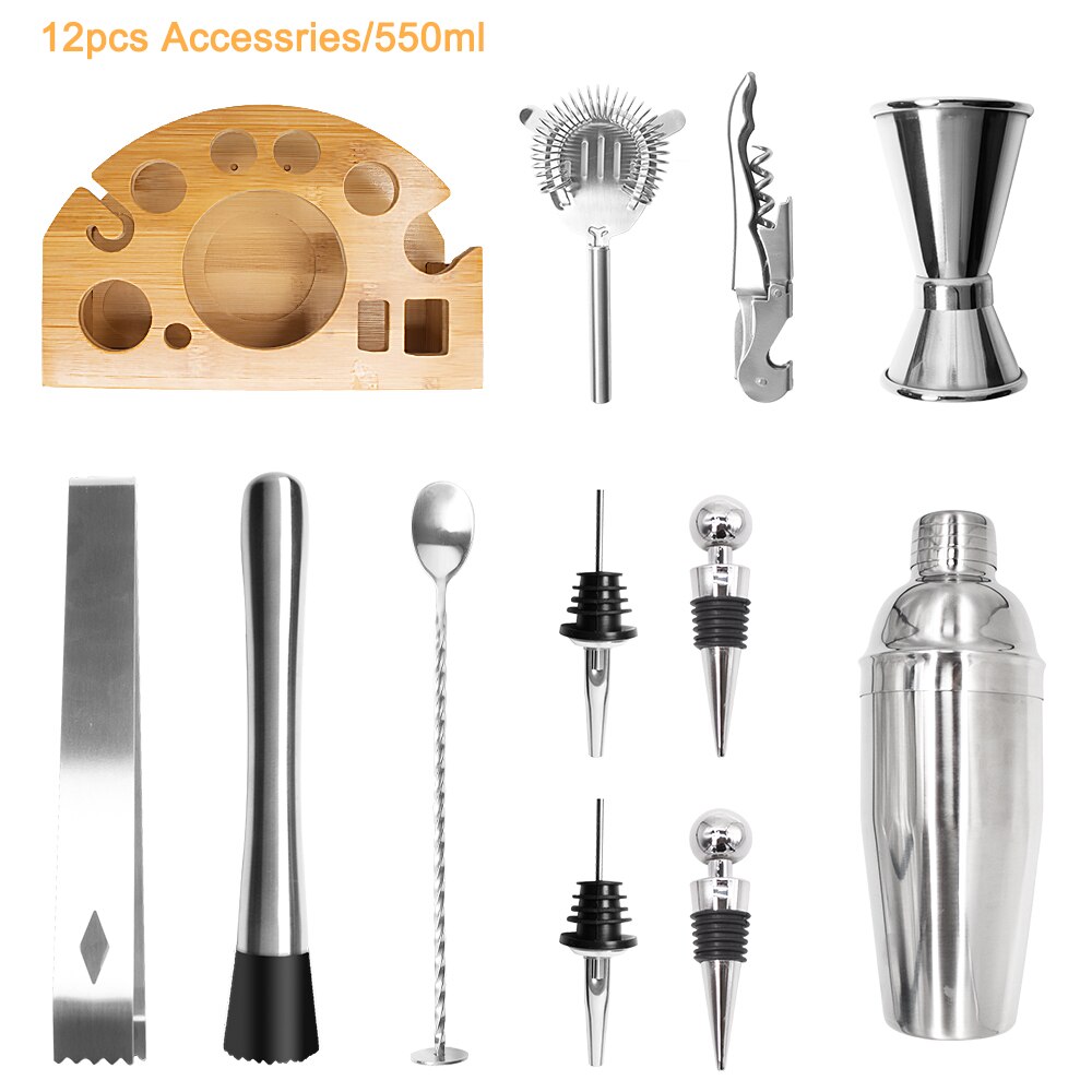Juego de coctelería de acero inoxidable, mezclador de vino de 750ML con Base giratoria de bambú, herramientas de Bar, accesorios de , 12 Uds.: 12pcs-550ml