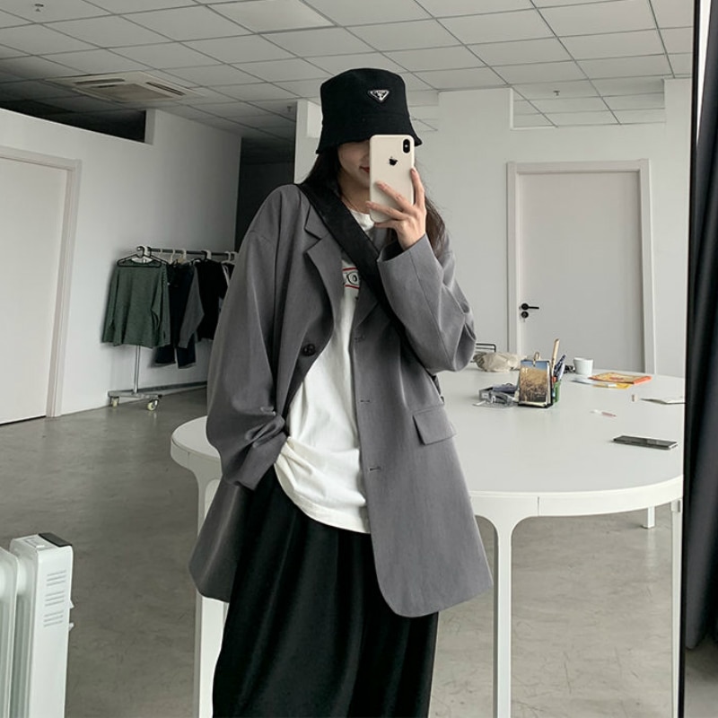 Blazere kvinder solid enkeltradet oversize retro forår efterår chic afslappet dame blazer teenagere enkel all-match stilfuld bf