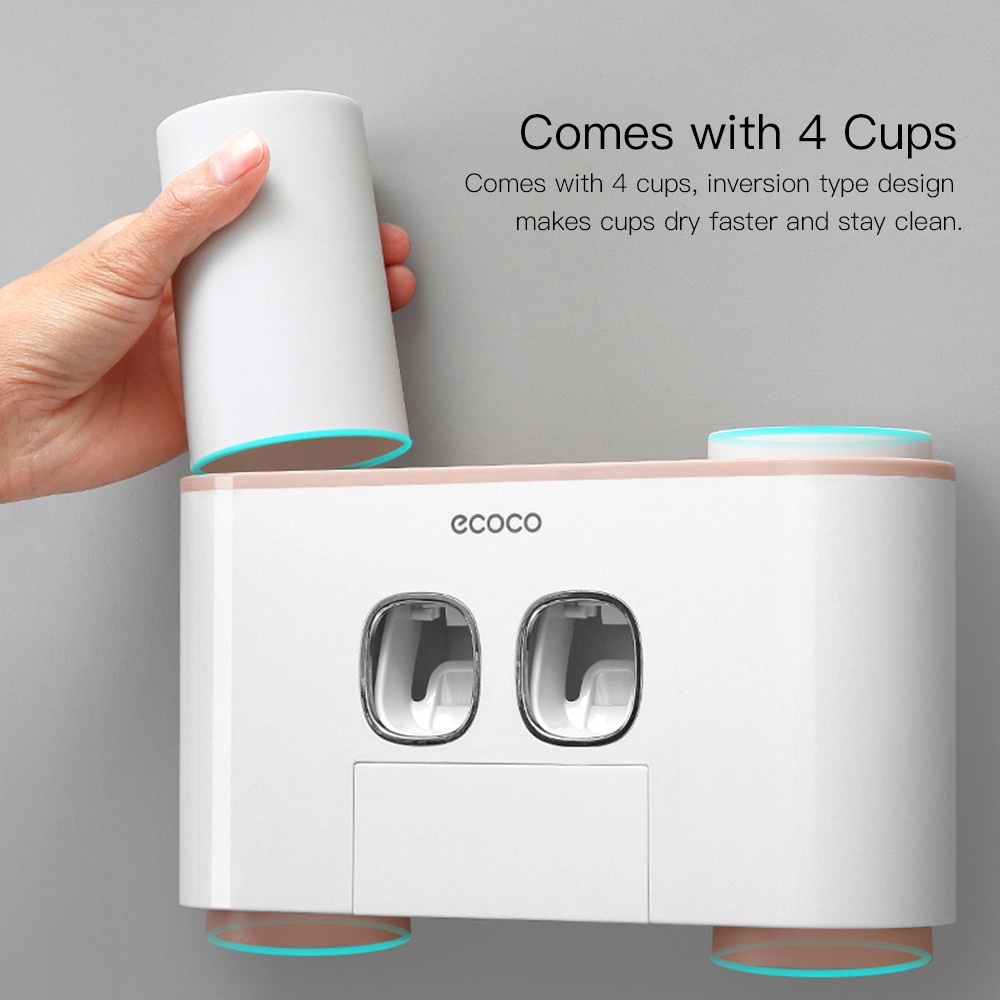 ECOCO Toothbrush Holder Automatic Toothpaste Dispenser Wall-mount Bathroom Storage Rack with 4 Toothbrush Cups Bathroom Product