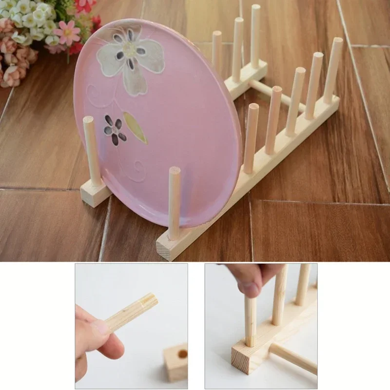 Wooden Dish Drainer Rack Kitchen Dishes Stand Plate Dish Drying Racks Pot Lid Racks Kitchen Organizer Drying Cups Display Shelf