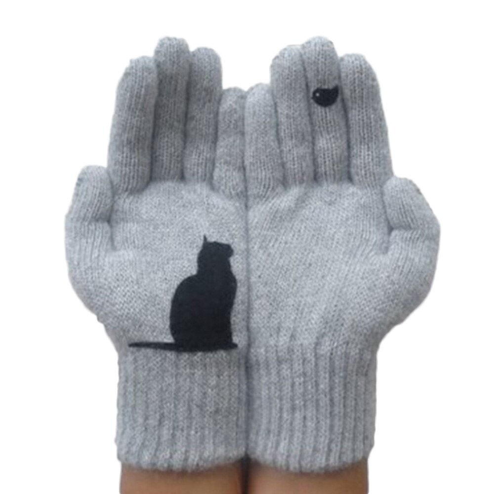 Winter Kasjmier Handschoenen Kat Vogel Cartoon Partern Afdrukken Patchwork Wollen Warme Wanten Volledige Vinger Voor Vrouwen Mannen Unisex