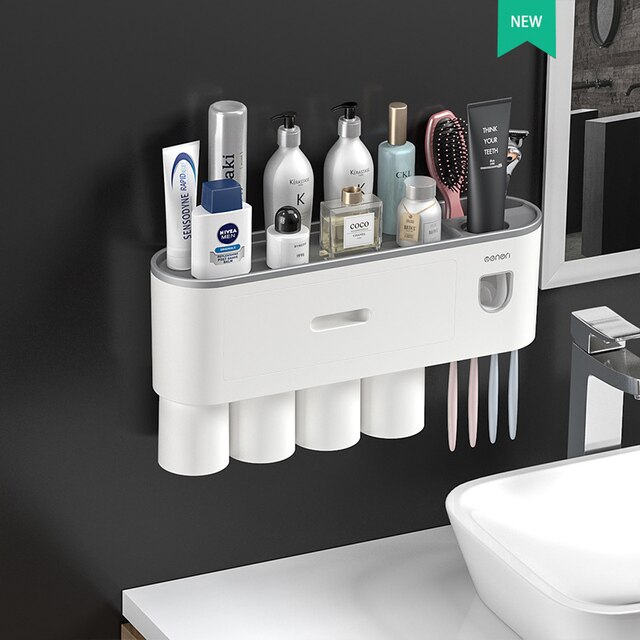 Magnetic Adsorption Inverted Toothbrush Holder Double Automatic Toothpaste Squeezer Dispenser Storage Rack Bathroom Accessories: 4 cups Gray