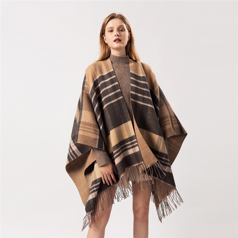 Efterår vinter plus size varme stribede ponchoer og kapper til kvinder oversized sjaler omslag cashmere pashmina kvindelig bufanda