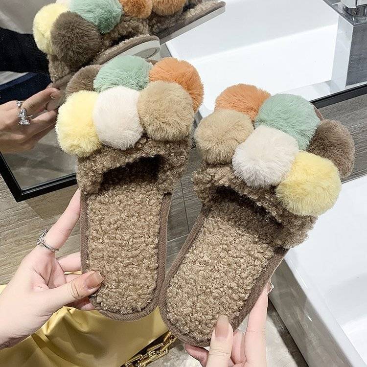 Pantuflas De felpa bonitas De invierno, pantuflas De Interior para el hogar, Zapatos cálidos para Mujer, Zapatillas De casa con pompones y bolas, Zapatos De piel para Mujer: 1 / 40-41