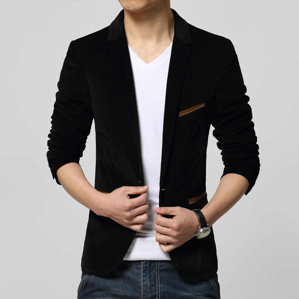 Stylish Jacket Formal One Button Suit Velvet Men's Business Blazer Fit Wedding Button Slim Coat: Black / M