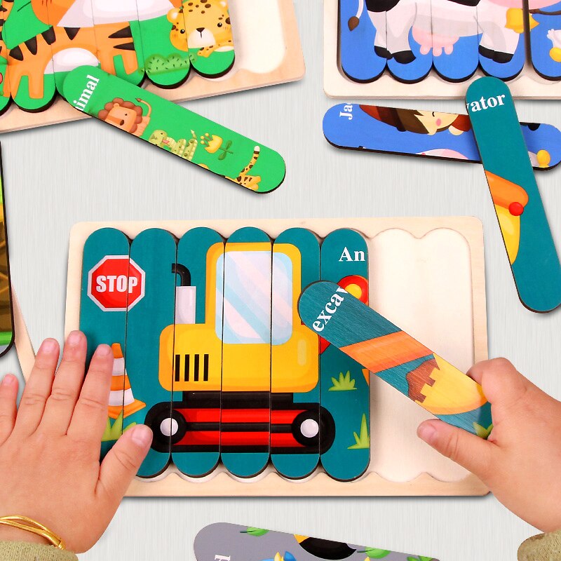 Dwustronna taśma dzieci 3D drewniane Puzzle Montessori zabawka Puzzle ze zwierzętami opowiadanie historii układanie układanki zabawki edukacyjne dla dzieci