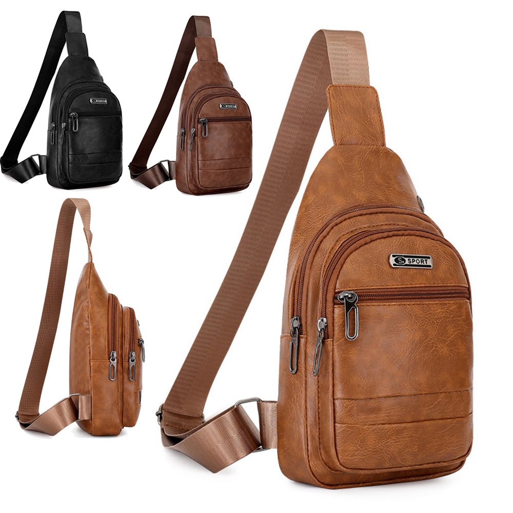 Men's Bags Leather Sling Zipper Pack Chest Shoulder Crossbody Bag