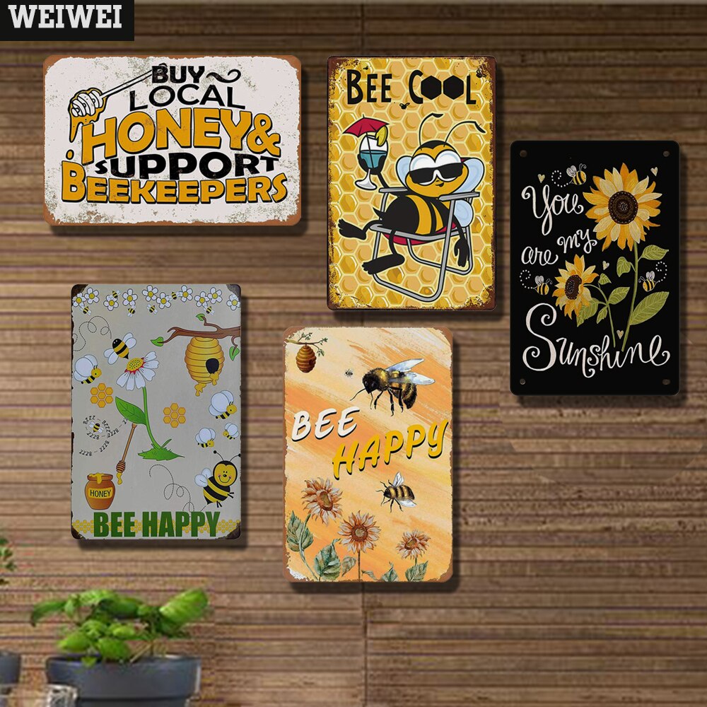 Affiche de miel Happy Bee, Plaque métallique en fer blanc, décoration murale pour jardin, ferme, apiculteur, avertissement, plaques en fer Vintage