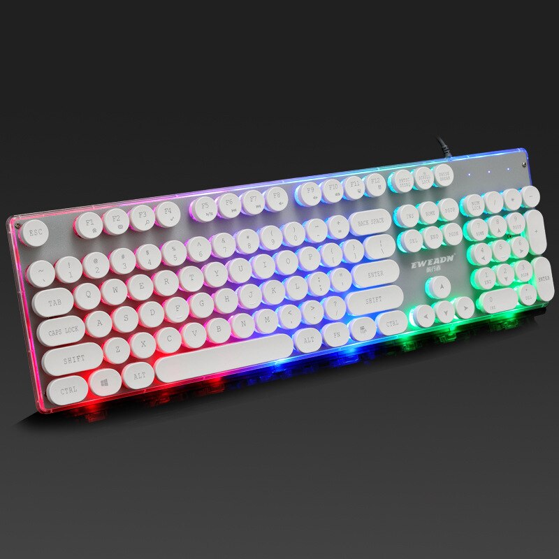 Wired Gaming Keyboard Retro Round Glowing Keycap Metal Panel Backlit USB 104 Keycaps For Computer Tablet Desktop Game Keyboards: White Colored light