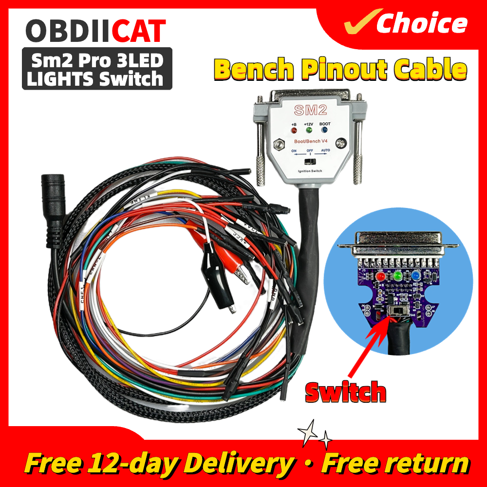 SM2 PRO 3 luces LED Cable de banco de arranque DB25 ECU Cable de entrada de banco para SM2 PRO J2534 VCI leer y escribir ECU BATT VCC KLINE CAN-L: Verde