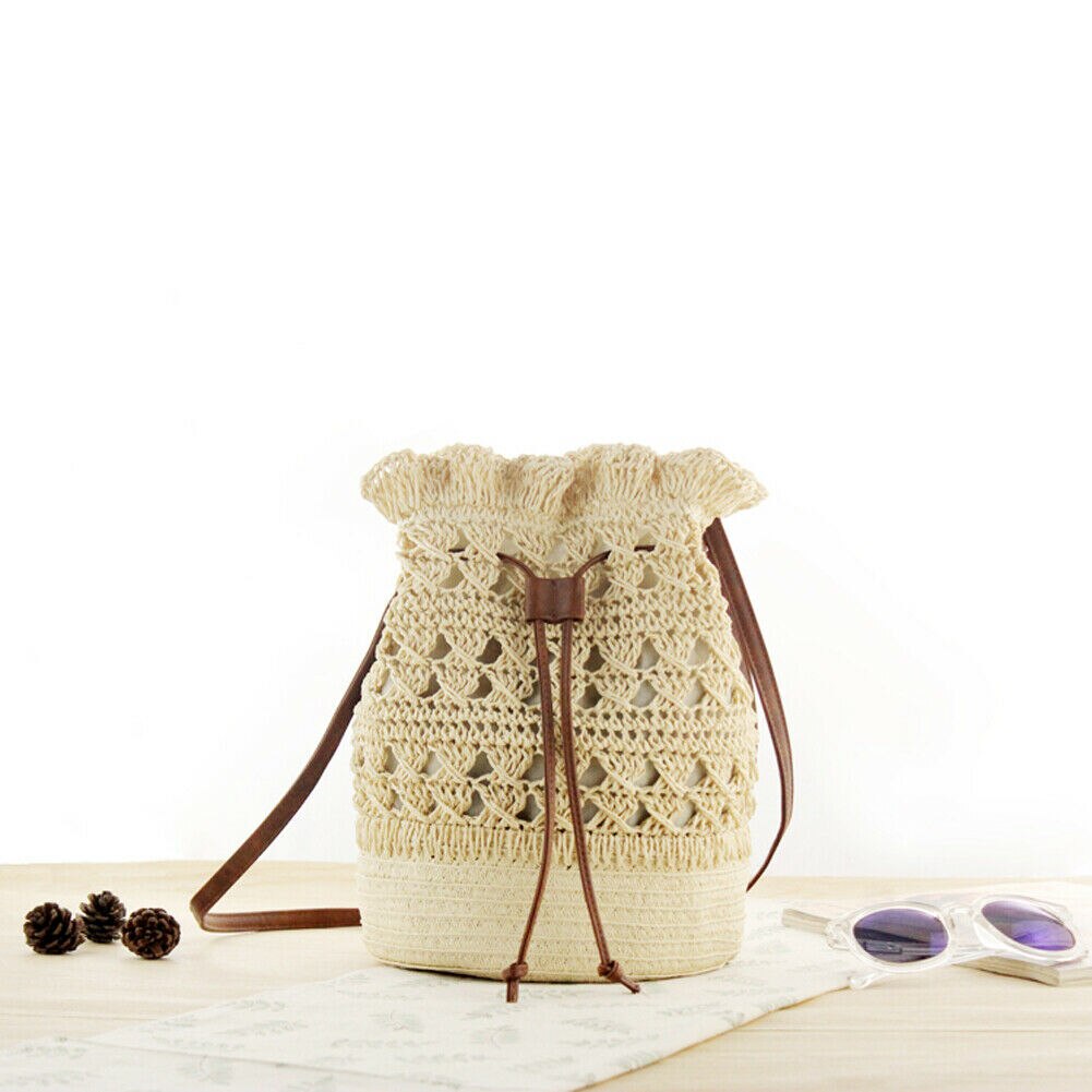 Zomer Badplaats Tas Geweven Handgemaakte Mode Emmer Vormige Schoudertas Stro Bakken Vrouwen Strap Lady Stro Tassen: Beige