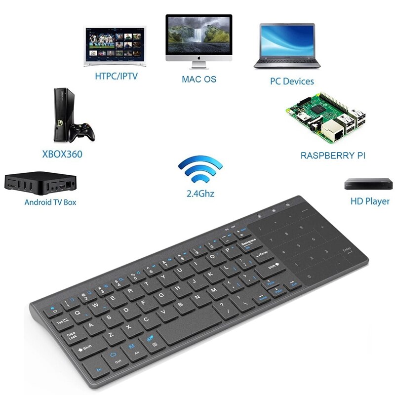Wireless Keyboard with Touchpad, WisFox 2.4G Slim Ergonomic Wireless Keyboard with Easy Media Control and Built-in Touch Pad PC