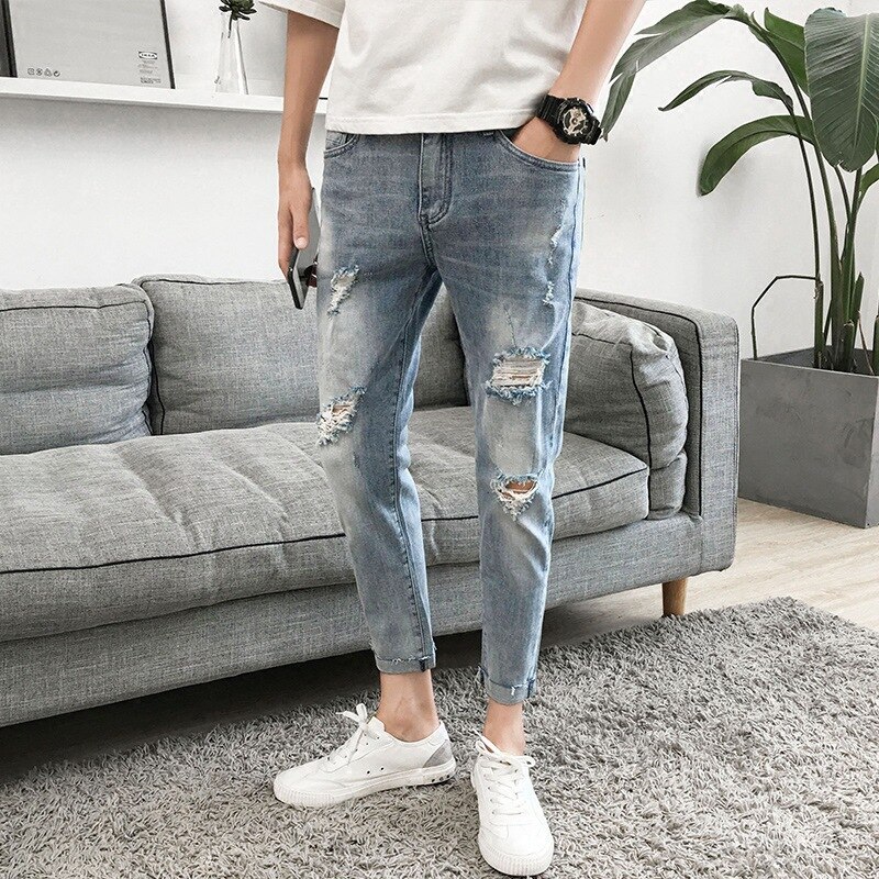 men's ripped jeans Slim fit feet all-match pants Korean style washed trendy beggar teenager pencil pants