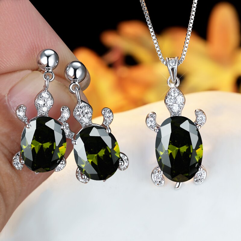 Regenboog Opaal Grote Ovale Steen Zee Schildpad Sieraden Sets Multicolor Crystal Tortoise Kettingen Oorbellen Voor Vrouwen Wedding Bridal Sets: Olive Green