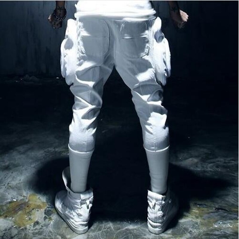 noir blanc maigre grandes poches pantalons hommes Hip Hop Streetwear Jogger Harem pantalon mâle mince décontracté pantalon pieds pantalon