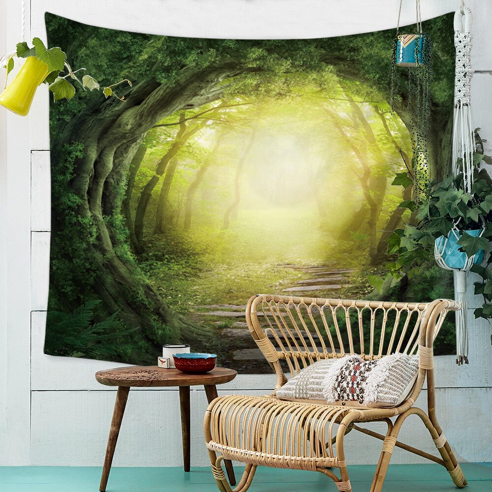 Tapis mural naturel, tissu psychédélique, motif d'arbre, forêt et ciel étoilé, pour paysage de plage, tente de Hippie