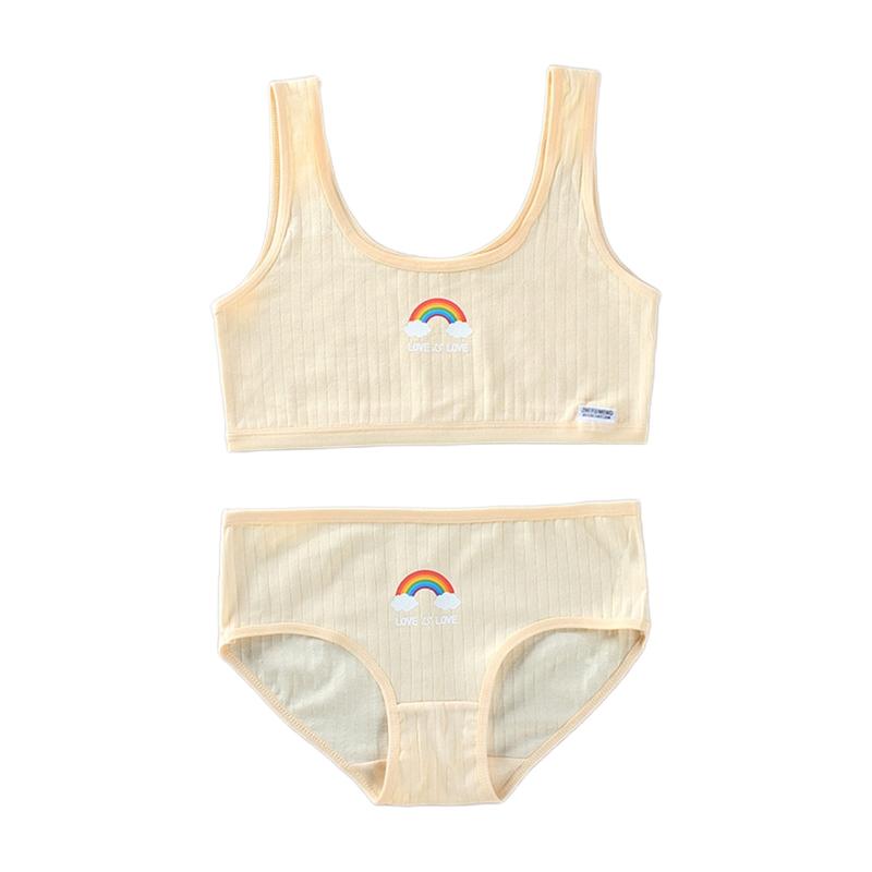 Conjunto de ropa interior de 2 piezas para adolescentes, sujetador de entrenamiento de algodón con estampado de puente de arcoíris, Top y bragas, Bralette deportivo: Skin color