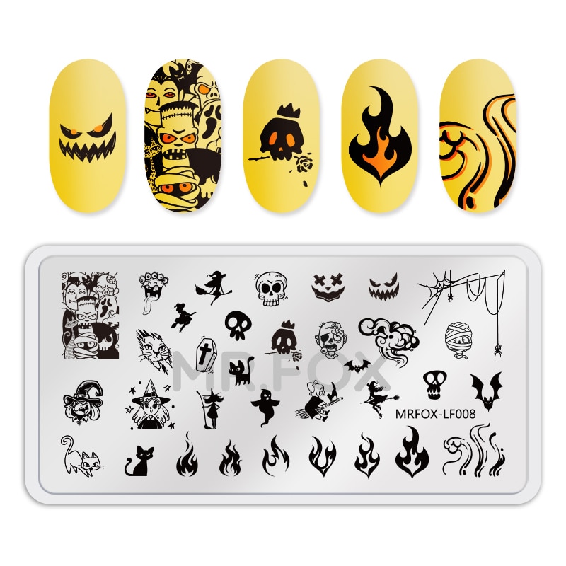 1Pcs Halloween Afbeelding Nail Stempelplaten Template Rechthoek Flame Nail Art Stamp Stempelen Plate Manicure Stencil Nagels Tool