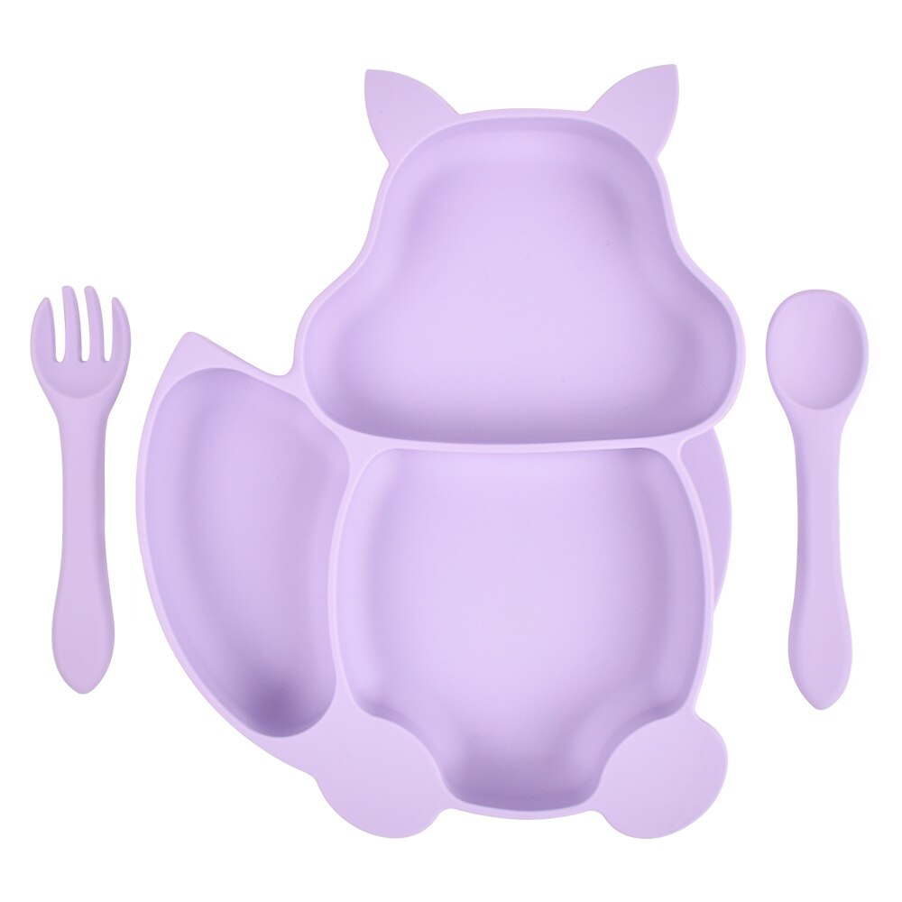 Baby Feeding Set Blue Silicone Suction Plate Squirrel Shape Self Feeding Training Stay Put Plate Soft Spoon Fork Dish Kit