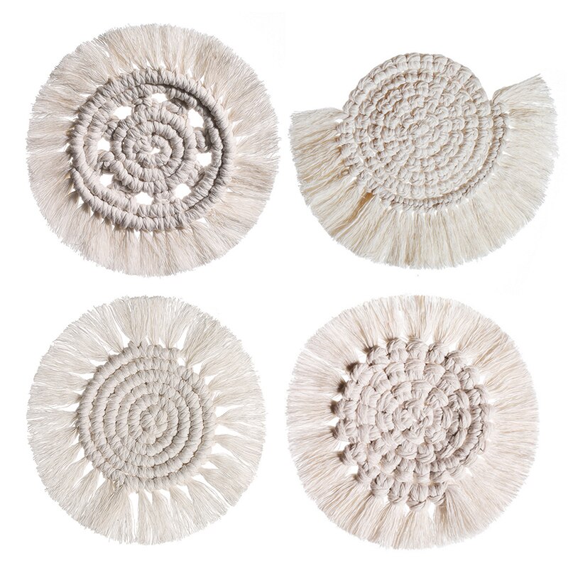 Nordic Macrame Placemats Cup Mat Bohemian Tablecloth Coaster Cup Pad Pure Handcrafted Cotton Braid Insulation Mats Serving Tray