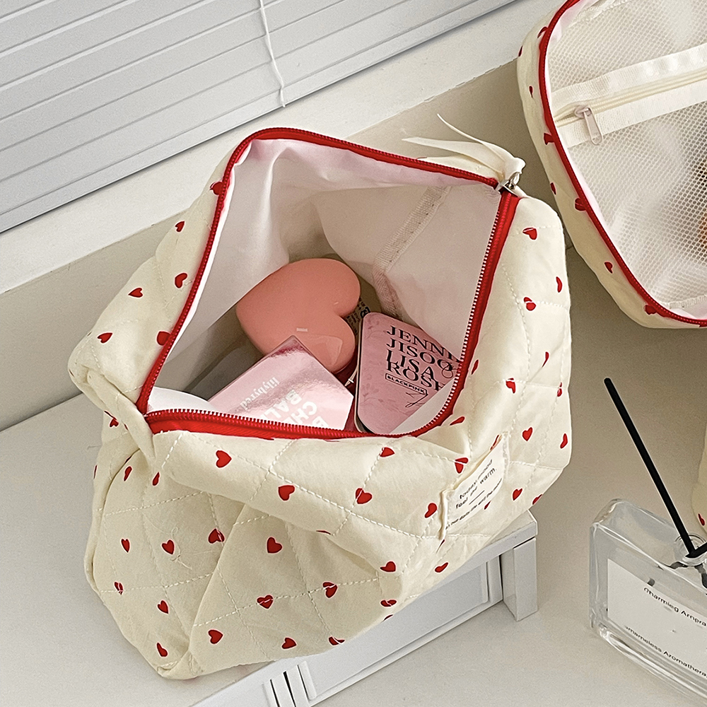 Ins Heart Women Quilting Makeup Bag Large Capacity Toiletry Cosmetic Storage Pouch Handbag Ladies Zipper Makeup Bag