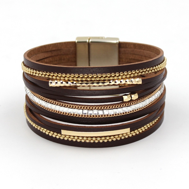 Women Bracelets Multi-layer Leather Rope Rhinestone Combination Metal Pipe Chain Bracelet Jewelry