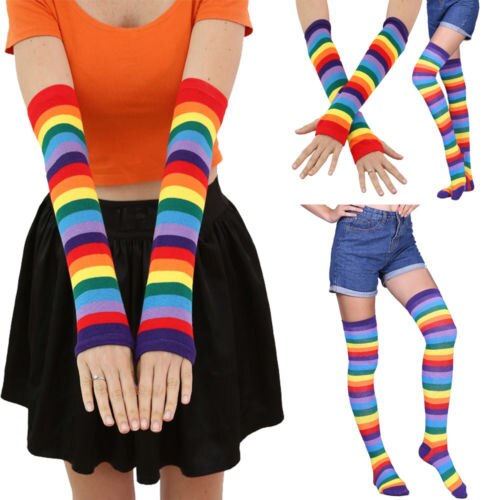Women Ladies Rainbow Thigh High Socks Girl Arm Warmer Mitten Stretchy Gloves