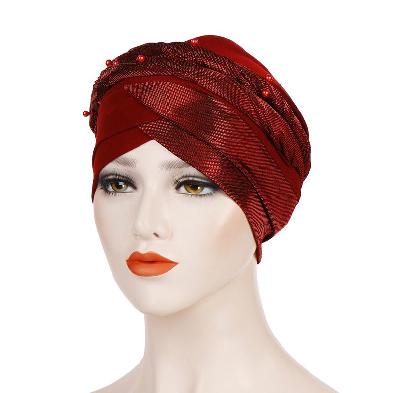 Shiny Pearl Head Scarf for muslim women turban bonnet hijab Caps white pearl Inner hijabs femme musulman arab wrap turbantes: Wine Red