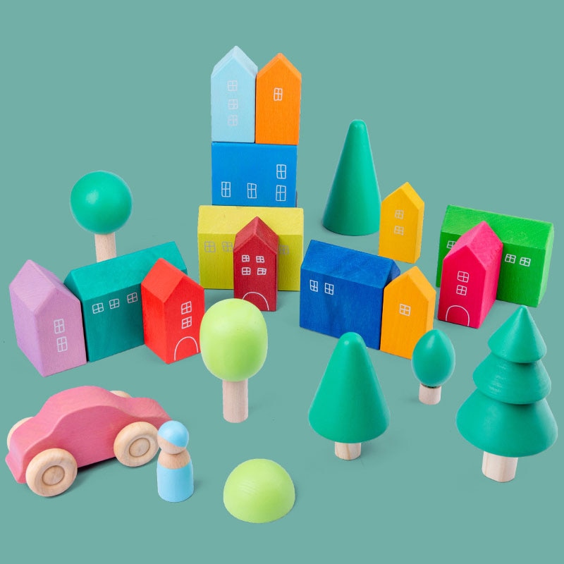 Children's Montessori Wooden Building Blocks Early Education Educational Toys Tree Flame House Stone Rainbow Blocks Wooden Toys