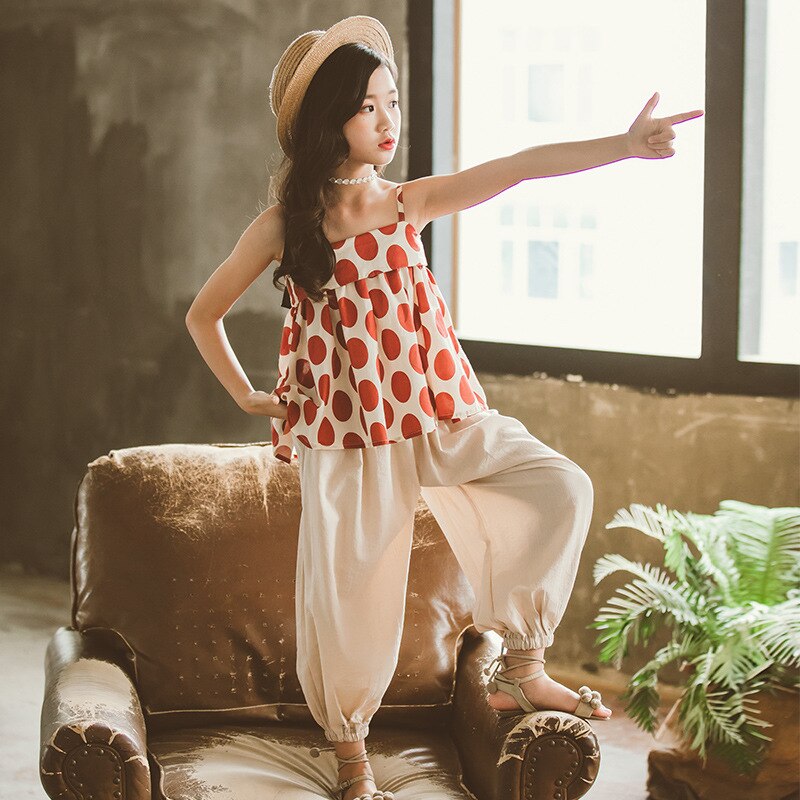 Girls Clothes Set Teen Cute Korean Casual Sleeveless Top And Long Pants Children Two Piece Suit girls outfits