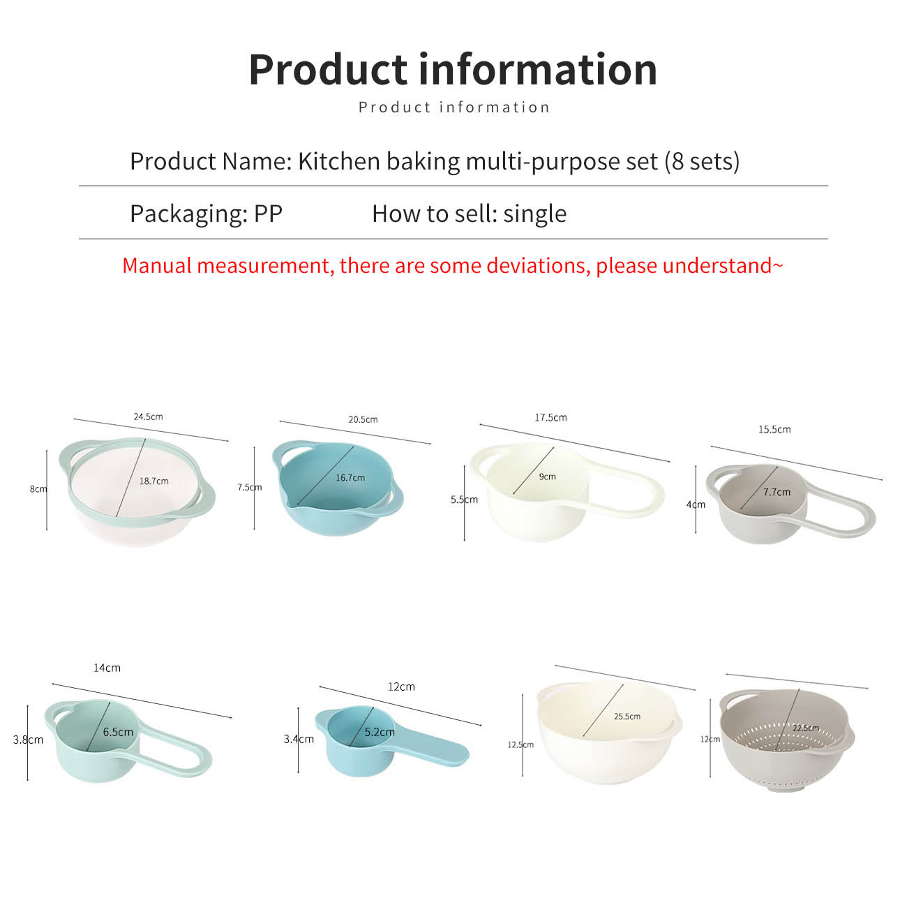 8PCS Mixing Rainbow Bowls Set Kitchen Bowl Set Salad Bowl Plastic Baking Measuring Cup Measuring Spoon Set Kitchen Gadgets