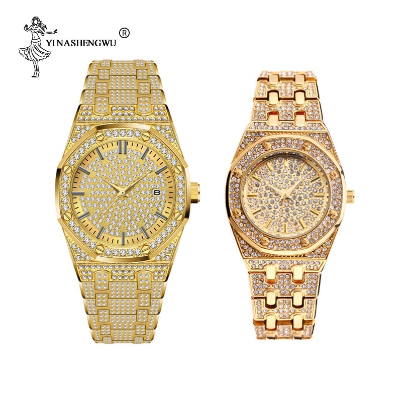 18K Gold Iced Out Lab Steentjes Luxe Rvs Analoge Quartz Waterdicht Minnaar Horloge Set Relogio masculino