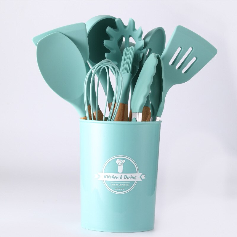 11Pcs Siliconen Koken Tools Keukengerei Houten Handvat Kookgerei Set Accessoires Non-stick Spatel Eiklopper: Dark green
