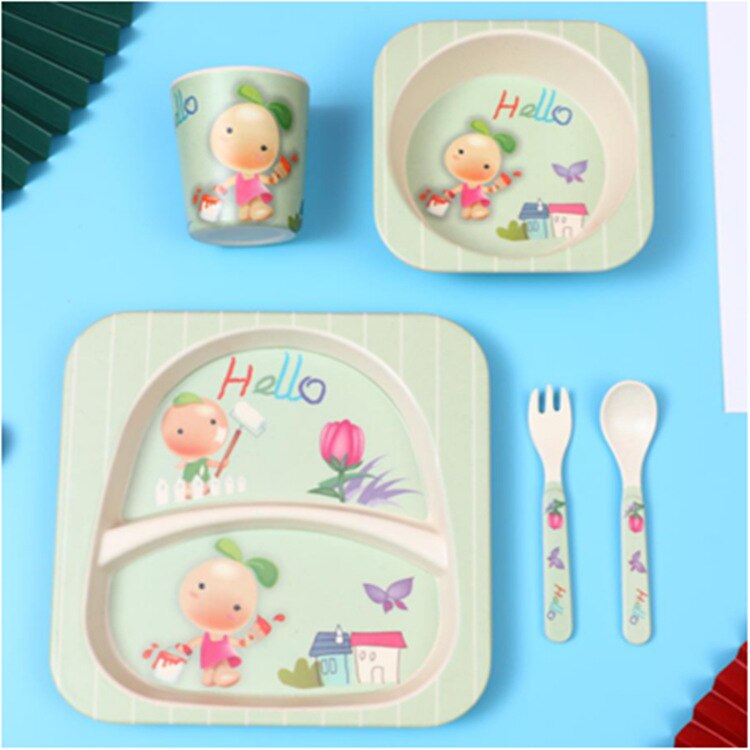 Imebaby5 pièce ensemble bambou vaisselle bambou bol bébé alimentation plaque créative dessin animé enfants bol/tasse/fourchette cuillère coffret: Little fruit