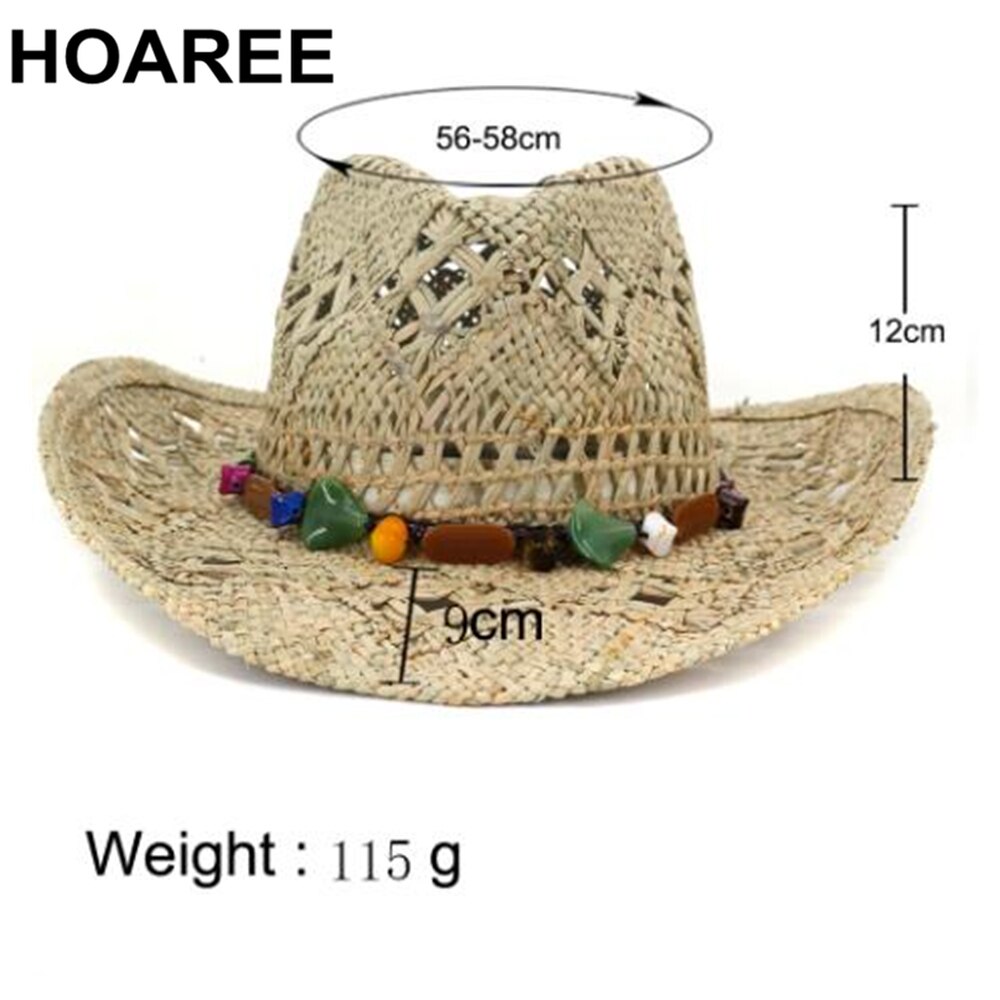 Hoaree chapéu de vaqueiro verão, chapéu de palha feminino, artesanal, chapéu de sol para homens, cowgirl, joia falsa, decoração, casual, praia, chapéu panamá
