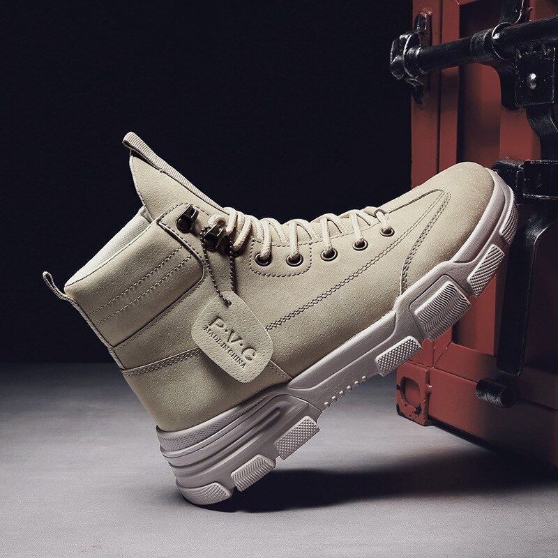 High-top mænd støvler vinter åndbare ankelstøvler mandlige snøre slip støvletter ørken afslappet værktøj støvler mænd sko rrt 67: Beige / 43