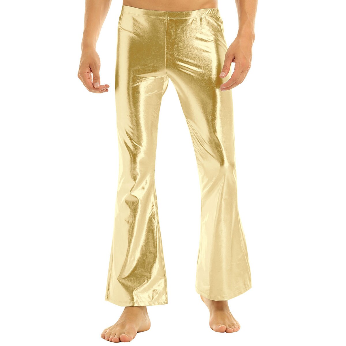 Pantalon holographique métallique brillant pour hommes, , tenue de Club, Disco, loisirs, Long, Costume décontracté, pantalon évasé à cloche: XL / Gold